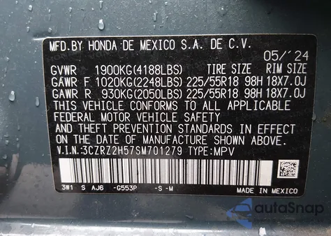 2025 Honda Hr-V Awd Sport from USA, damaged, VIN 3CZRZ2H57SM701279